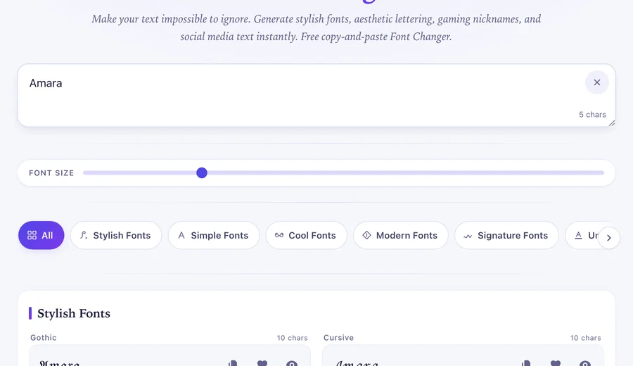 The font changer input box with the name Amara typed into it, above the font size slider and category chips
