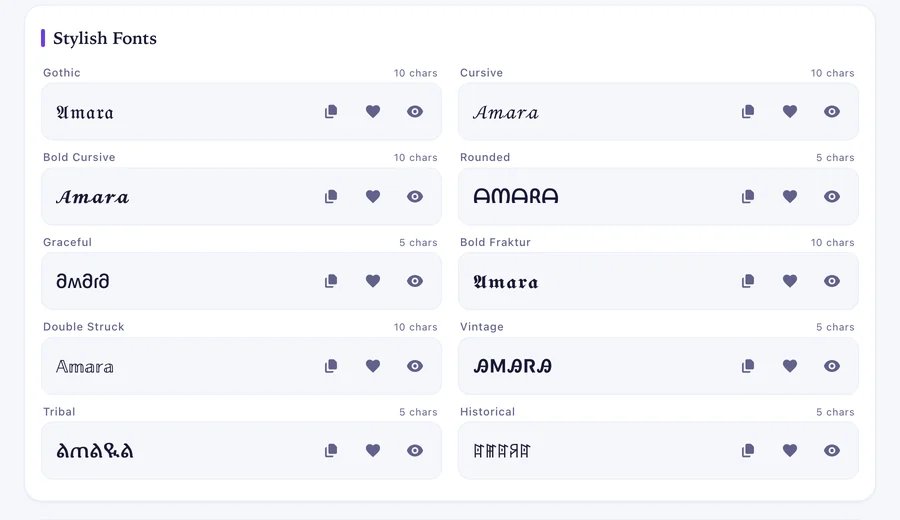 Rows of styles showing the word Amara in gothic, cursive, bold cursive and rounded, each with copy, favourite and preview buttons