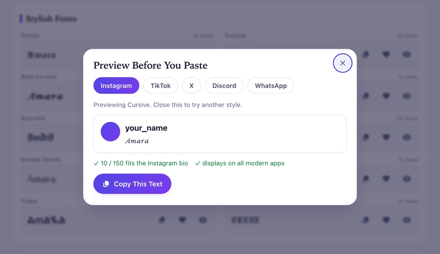 The preview popup showing Amara in cursive inside an Instagram profile mock-up, with a fits-the-bio check and a copy button